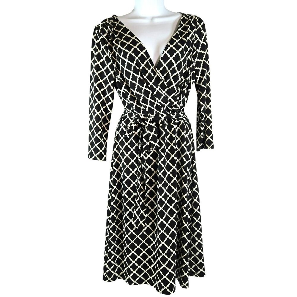 White House Black Market Geometric Faux Wrap Dress Sz 8 Belted Stretch Lined - Picture 1 of 11